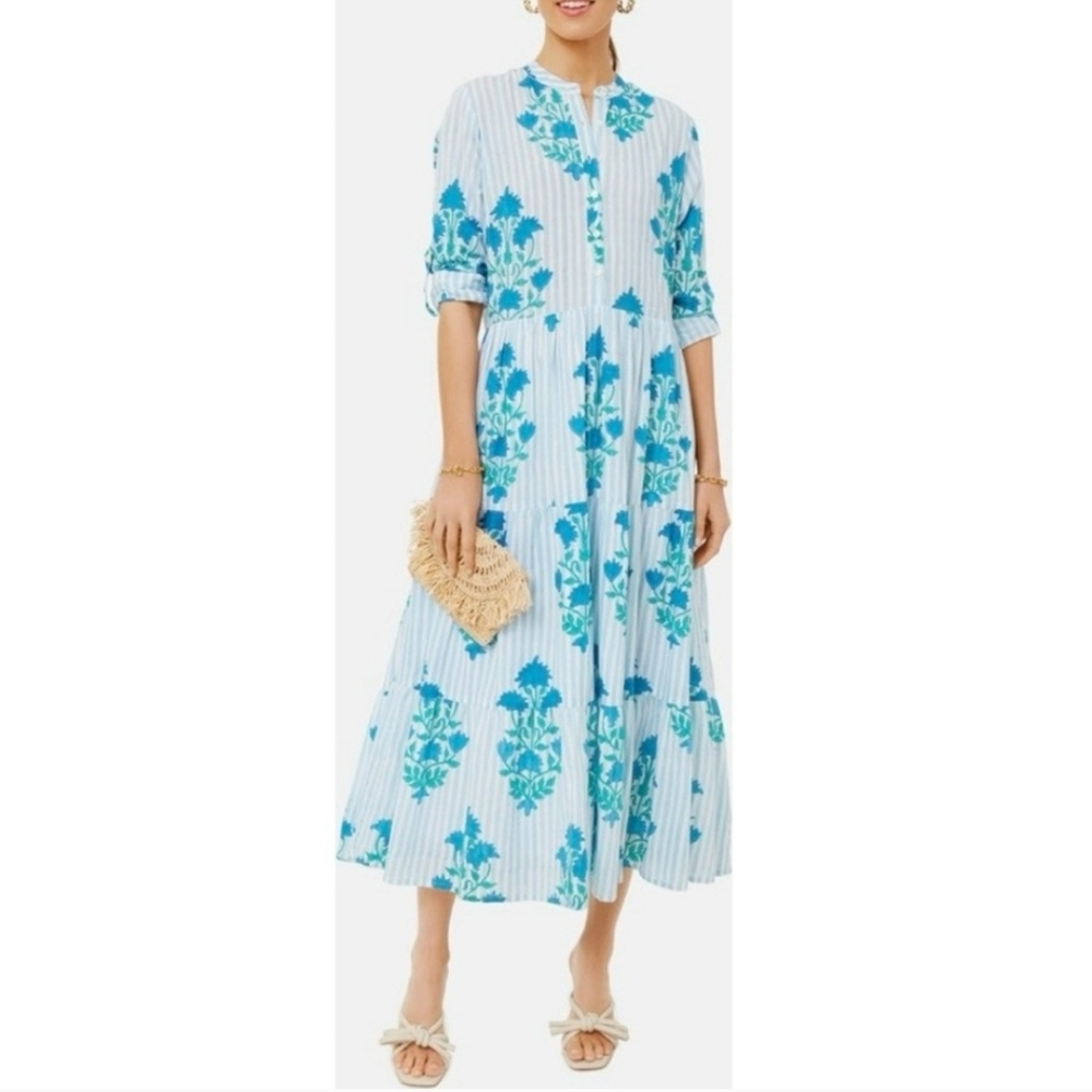 Oliphant Jaipur Striped Light Blue Floral Tiered Maxi Dress - Picture 2 of 6